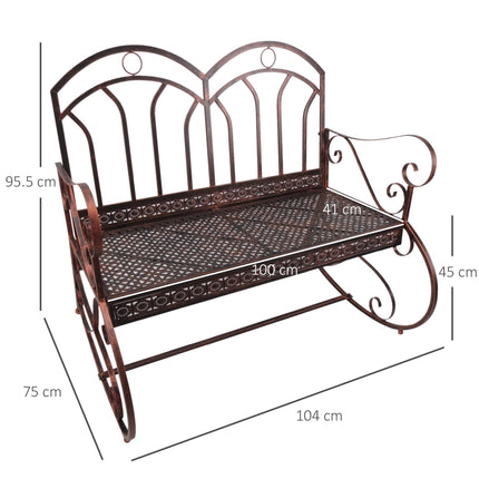 2 Seater Metal Rocking Garden Bench with Armrests - Bronze