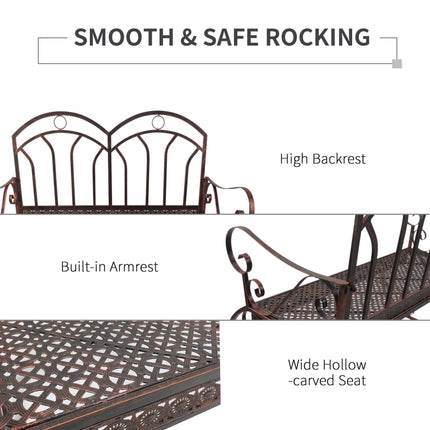 2 Seater Metal Rocking Garden Bench with Armrests - Bronze