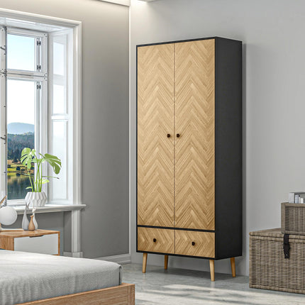 Modern Wardrobe Cabinet 90x50x190cm with Shelves, Hanging Rod & Drawers - Dark Grey Wood Grain