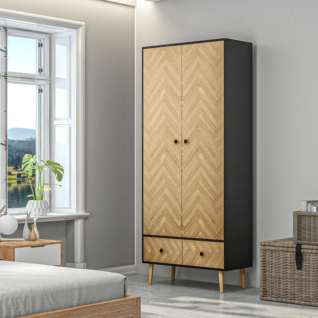 Modern Wardrobe Cabinet 90x50x190cm with Shelves, Hanging Rod & Drawers - Dark Grey Wood Grain