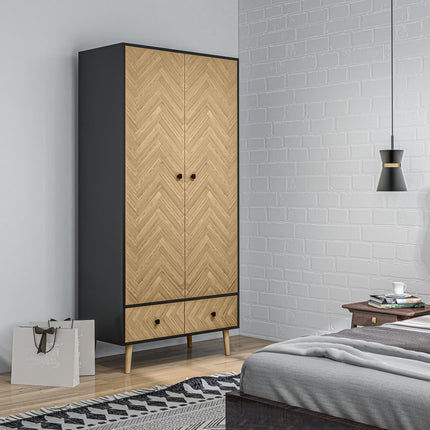 Modern Wardrobe Cabinet 90x50x190cm with Shelves, Hanging Rod & Drawers - Dark Grey Wood Grain