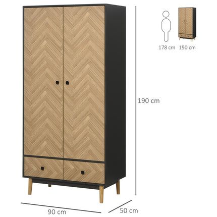Modern Wardrobe Cabinet 90x50x190cm with Shelves, Hanging Rod & Drawers - Dark Grey Wood Grain