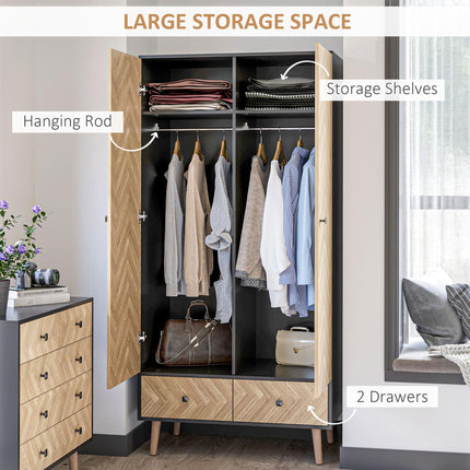 Modern Wardrobe Cabinet 90x50x190cm with Shelves, Hanging Rod & Drawers - Dark Grey Wood Grain