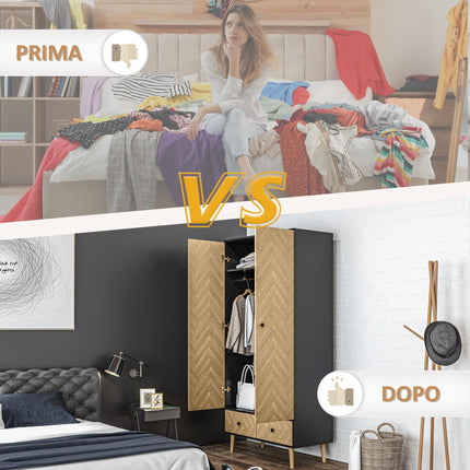 Modern Wardrobe Cabinet 90x50x190cm with Shelves, Hanging Rod & Drawers - Dark Grey Wood Grain