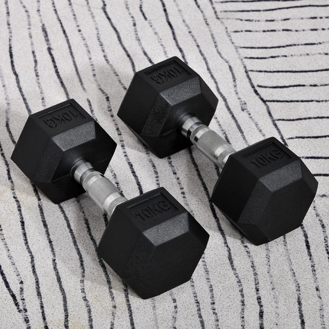 Set of 2 Rubber Hex Dumbbells for Weight Lifting - Black