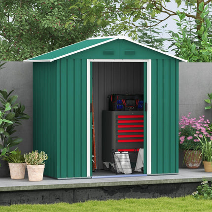 6.5ft Metal Garden Storage Shed with Double Sliding Doors - Green