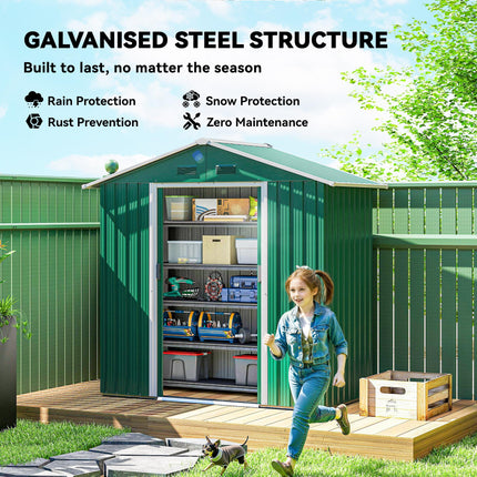 6.5ft Metal Garden Storage Shed with Double Sliding Doors - Green