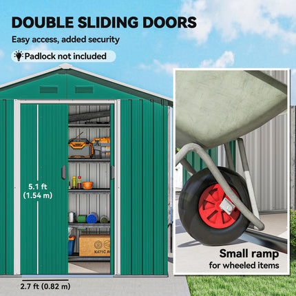6.5ft Metal Garden Storage Shed with Double Sliding Doors - Green