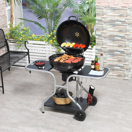 Charcoal Grill Trolley with Large Cooking Area, Wheels, and Storage - Black