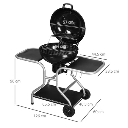Charcoal Grill Trolley with Large Cooking Area, Wheels, and Storage - Black