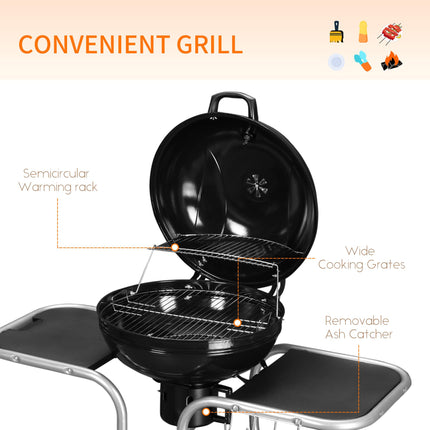 Charcoal Grill Trolley with Large Cooking Area, Wheels, and Storage - Black
