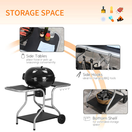 Charcoal Grill Trolley with Large Cooking Area, Wheels, and Storage - Black