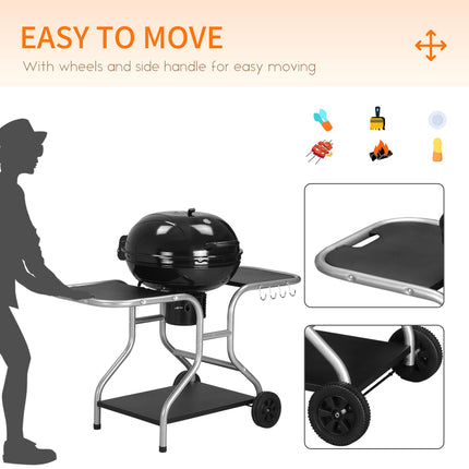 Charcoal Grill Trolley with Large Cooking Area, Wheels, and Storage - Black