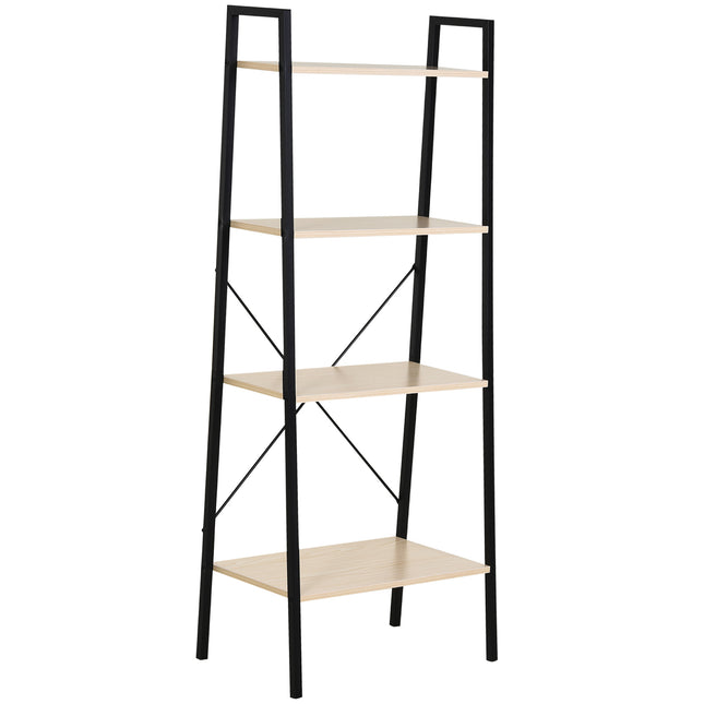 4-Tier Vintage Ladder Shelf Bookcase Wood Storage Rack Stand - Black Natural