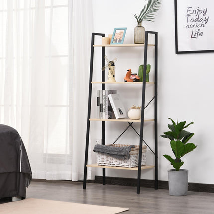 4-Tier Vintage Ladder Shelf Bookcase Wood Storage Rack Stand - Black Natural