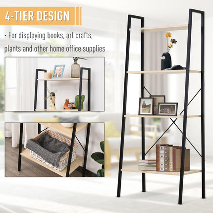 4-Tier Vintage Ladder Shelf Bookcase Wood Storage Rack Stand - Black Natural