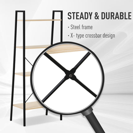 4-Tier Vintage Ladder Shelf Bookcase Wood Storage Rack Stand - Black Natural