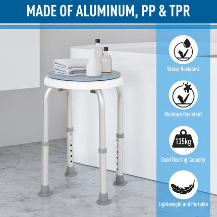 Adjustable Height 360° Swivel Shower Seat with Aluminium Frame and Non-Slip Feet - Blue and White