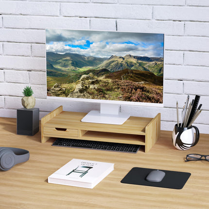 Monitor Riser Laptop PC Stand with Drawer Bamboo - Natural