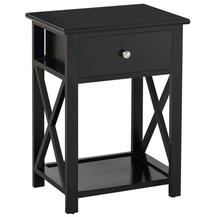 Traditional Accent End Table with Drawer and X Bar Shelf 40x30x55 cm - Black