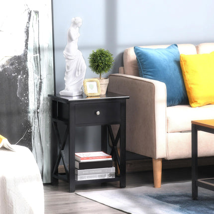 Traditional Accent End Table with Drawer and X Bar Shelf 40x30x55 cm - Black