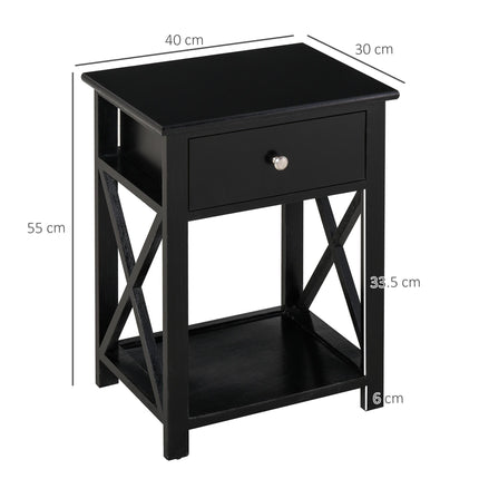 Traditional Accent End Table with Drawer and X Bar Shelf 40x30x55 cm - Black