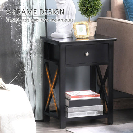 Traditional Accent End Table with Drawer and X Bar Shelf 40x30x55 cm - Black