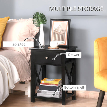 Traditional Accent End Table with Drawer and X Bar Shelf 40x30x55 cm - Black