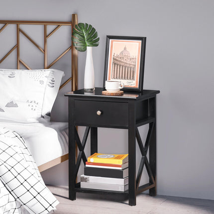 Traditional Accent End Table with Drawer and X Bar Shelf 40x30x55 cm - Black