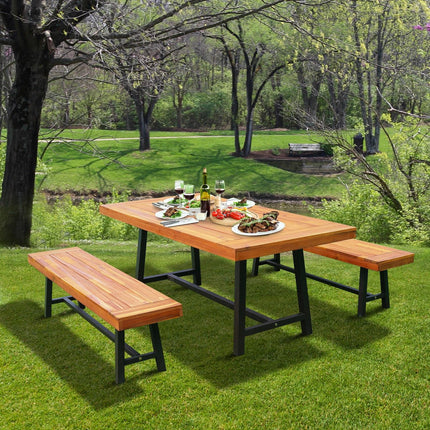 Garden 3 Pieces Acacia Wood Picnic Table and 2 Benches Set Dining Trestle Beer T
