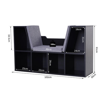 Bookcase Shelf Storage Seat with Cushion for Kids Bedroom and Living Room Organizer - Black