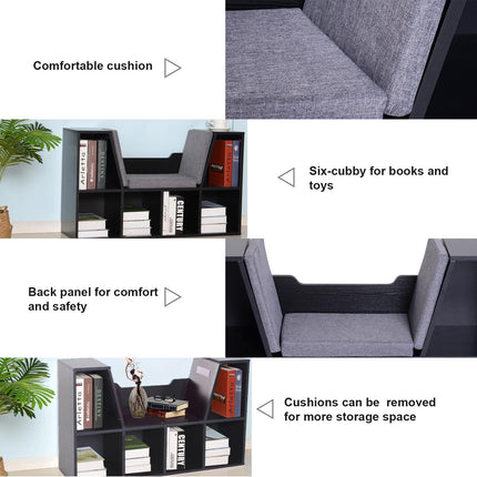 Bookcase Shelf Storage Seat with Cushion for Kids Bedroom and Living Room Organizer - Black