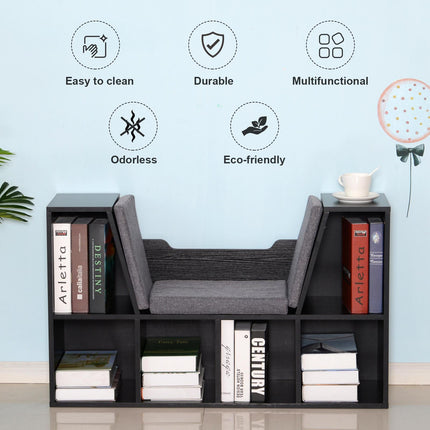 Bookcase Shelf Storage Seat with Cushion for Kids Bedroom and Living Room Organizer - Black