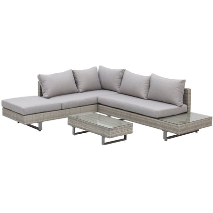 5-Seater Rattan Wicker Garden Corner Sofa Set with Coffee & Side Tables and Cushions - Grey