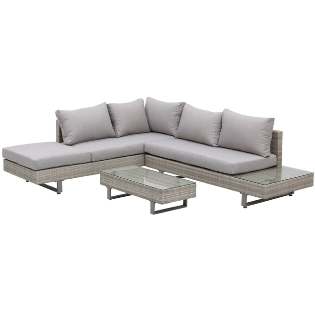 5-Seater Rattan Wicker Garden Corner Sofa Set with Coffee & Side Tables and Cushions - Grey