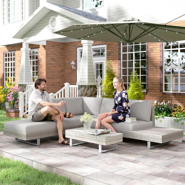 5-Seater Rattan Wicker Garden Corner Sofa Set with Coffee & Side Tables and Cushions - Grey