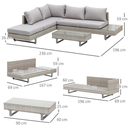 5-Seater Rattan Wicker Garden Corner Sofa Set with Coffee & Side Tables and Cushions - Grey