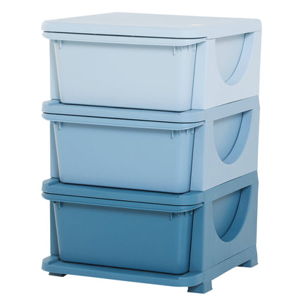 Kids 3 Tier Storage Unit with Drawers Vertical Dresser Toy Organizer for Nursery Playroom - Blue