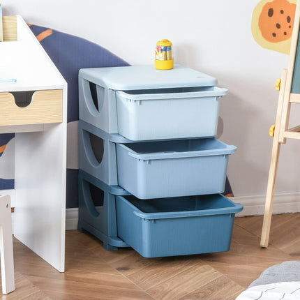 Kids 3 Tier Storage Unit with Drawers Vertical Dresser Toy Organizer for Nursery Playroom - Blue