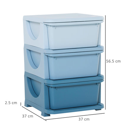 Kids 3 Tier Storage Unit with Drawers Vertical Dresser Toy Organizer for Nursery Playroom - Blue