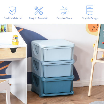 Kids 3 Tier Storage Unit with Drawers Vertical Dresser Toy Organizer for Nursery Playroom - Blue