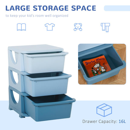 Kids 3 Tier Storage Unit with Drawers Vertical Dresser Toy Organizer for Nursery Playroom - Blue
