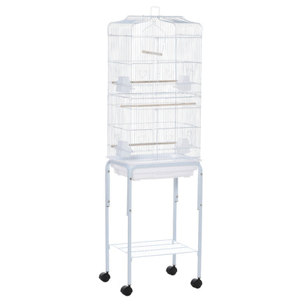 Metal Bird Parrot Cage with Breeding Stand, Feeding Trays & Wheels 47.5L x 37W x 153H cm - White