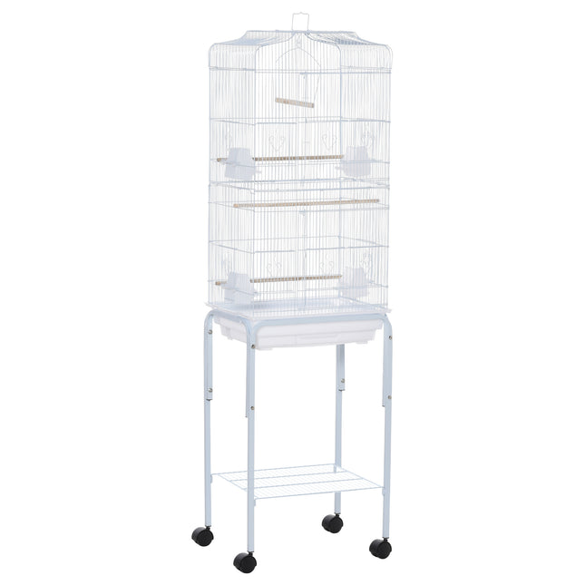 Metal Bird Parrot Cage with Breeding Stand, Feeding Trays & Wheels 47.5L x 37W x 153H cm - White