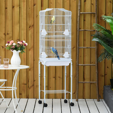 Metal Bird Parrot Cage with Breeding Stand, Feeding Trays & Wheels 47.5L x 37W x 153H cm - White