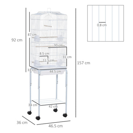 Metal Bird Parrot Cage with Breeding Stand, Feeding Trays & Wheels 47.5L x 37W x 153H cm - White