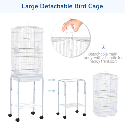 Metal Bird Parrot Cage with Breeding Stand, Feeding Trays & Wheels 47.5L x 37W x 153H cm - White