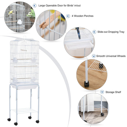 Metal Bird Parrot Cage with Breeding Stand, Feeding Trays & Wheels 47.5L x 37W x 153H cm - White