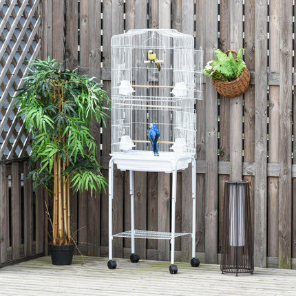 Metal Bird Parrot Cage with Breeding Stand, Feeding Trays & Wheels 47.5L x 37W x 153H cm - White