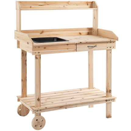 Garden Potting Bench Table with Sink, Drawer & Storage, 92x45x119cm - Natural